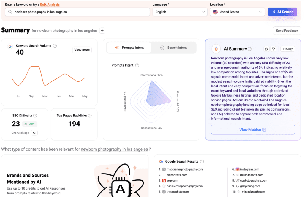 newborn photographer in LA keyword seen in ubersuggest
