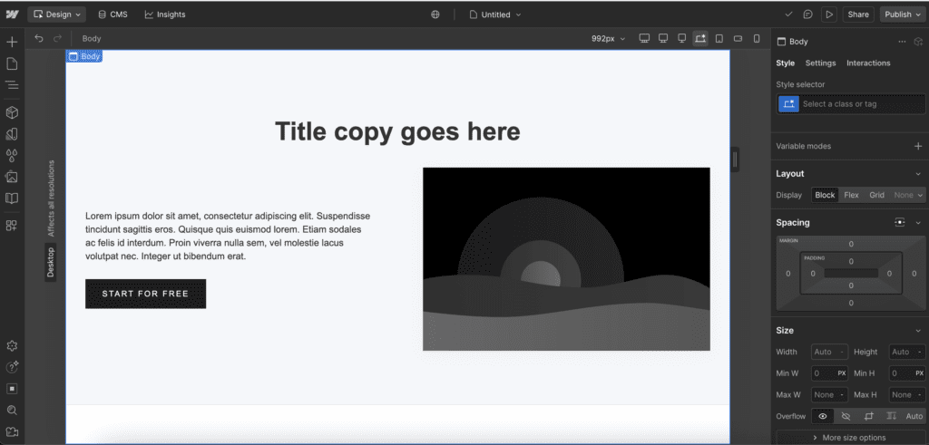 Webflow designer interace