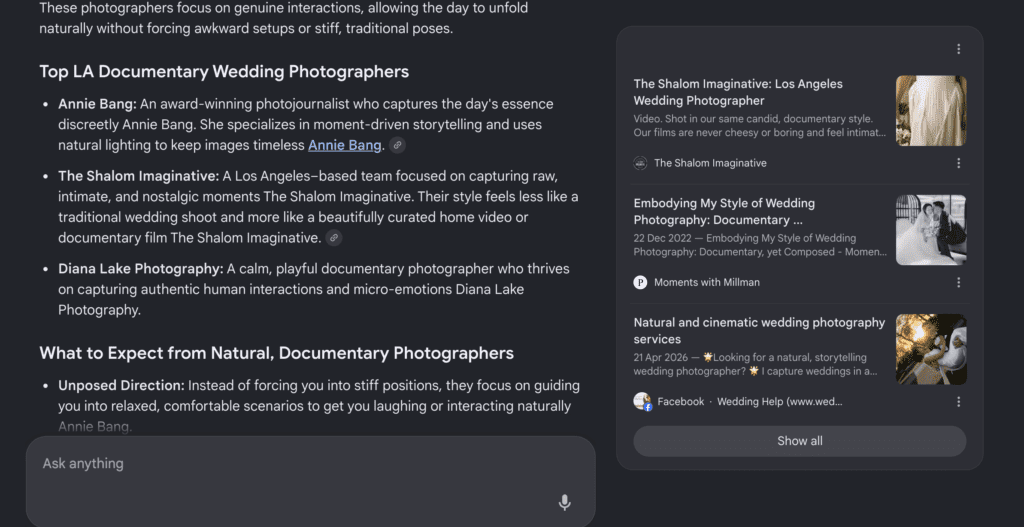 Ai overview suggesting photographers
