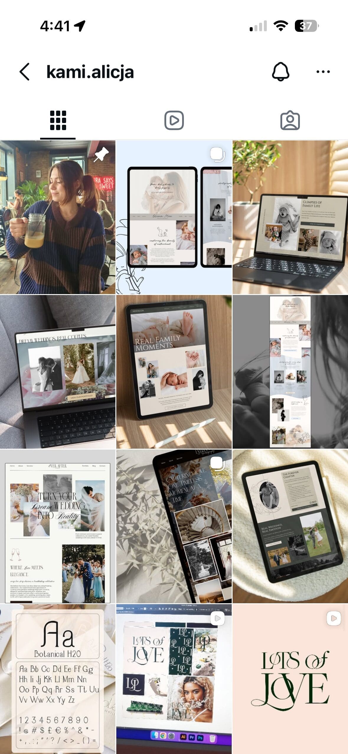 Instagram feed of a website designer working with wedding photographers
