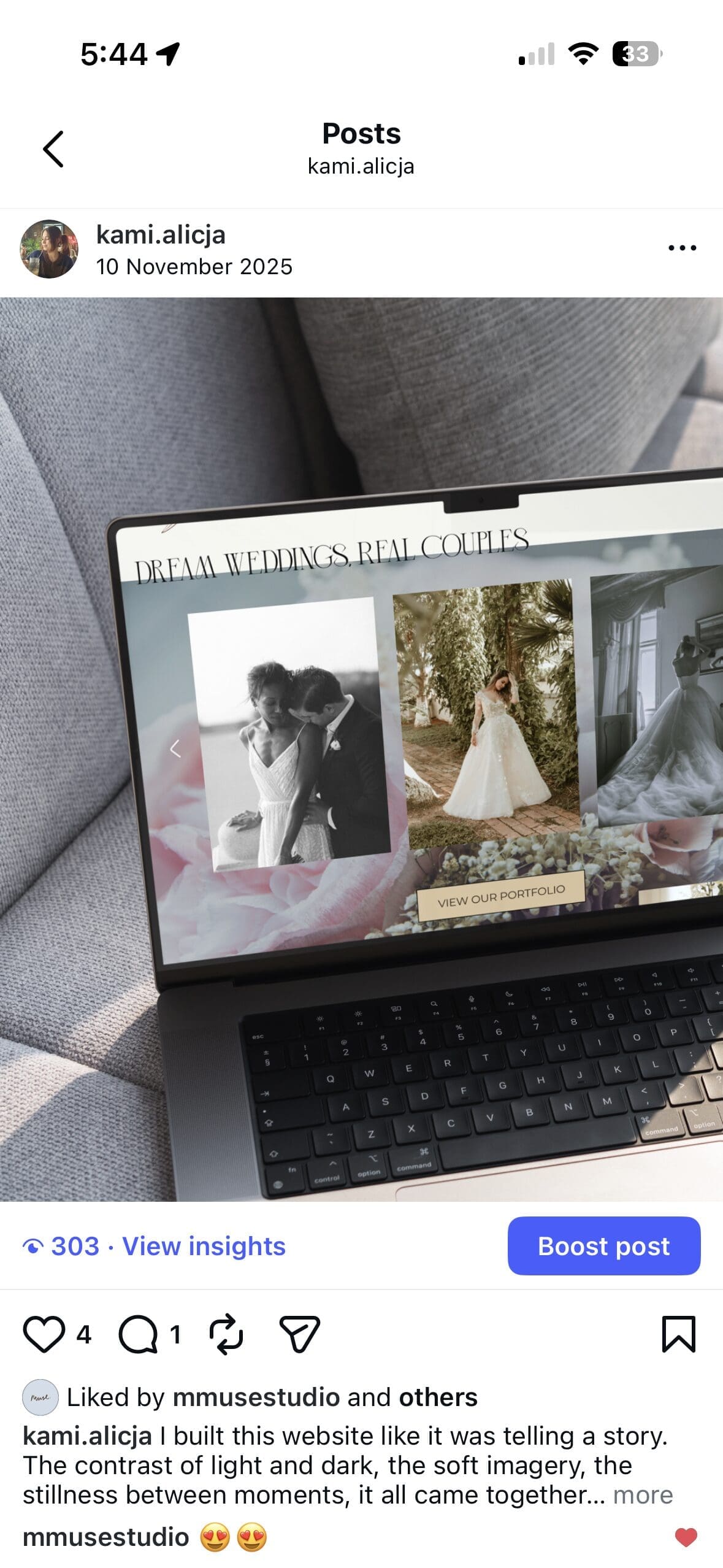 website design for a wedding photographer - a instagram post